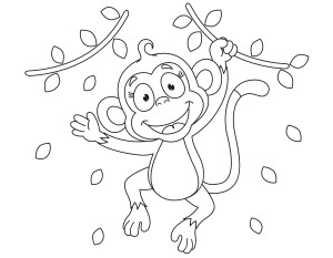 Раскраска веселая обезьяна катается на лианах в джунглях