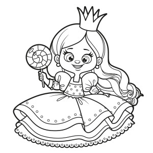 Раскраска принцесса с большой конфетой в руке
