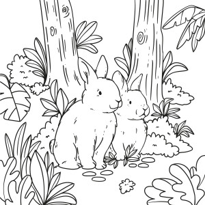 Раскраска кролики в тени деревьев