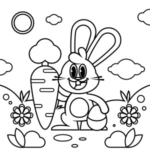 Раскраска мультяшный пасхальный кролик с морковкой