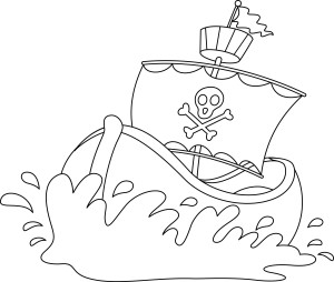 Раскраска корабль с пиратским флагом плывет по волнам