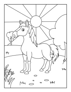 Раскраска очаровательная лошадь на поляне в светлый день