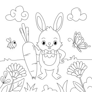 Раскраска мультяшный заяц на весеннем фоне с большой морковкой