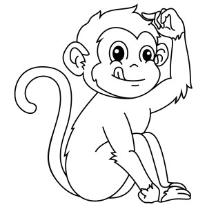 Раскраска обезьяна с лапой на голове и высунутым языком