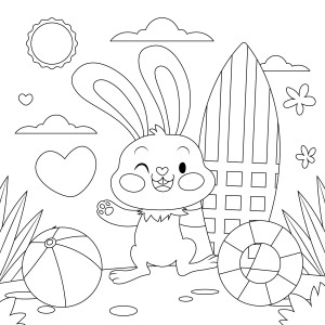 Раскраска заяц на пляже с мячиком