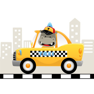 Раскрашенная картинка: смешной бегемот водитель такси
