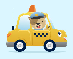 Раскрашенная картинка: мультяшный мишка за рулем такси
