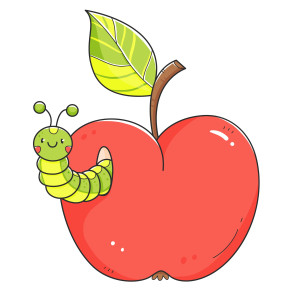 Раскрашенная картинка: красное яблоко с гусеницей