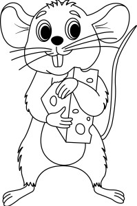 Раскраска мультяшный мышонок с кусочком сыра в руках