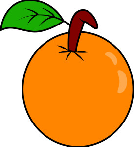 Раскрашенная картинка: свежий апельсин с листом на веточке