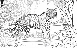 Раскраска тигр в озере на фоне леса