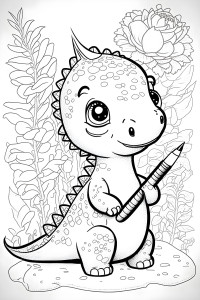 Раскраска малыш динозавр с карандашом в лапах