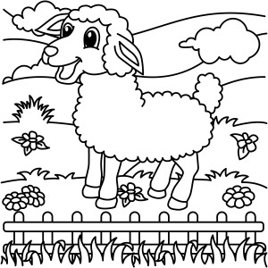 Раскраска веселая овца в деревне