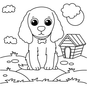 Раскраска собачка с большими ушами сидит на траве у будки