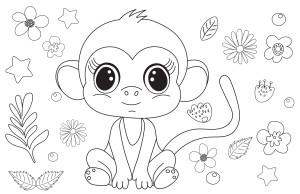 Раскраска обезьянка на фоне цветов и листиков