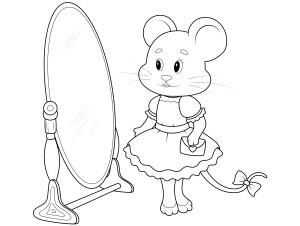 Раскраска мультяшная девушка мышь примеряет платье и смотрится в зеркало