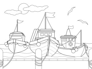 Раскраска три корабля в пристани