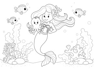Раскраска танцы русалки с осьминогом на дне морском