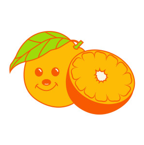 Раскрашенная картинка: мультяшный апельсин с лицом и половинкой