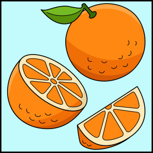 Раскрашенная картинка: апельсин с половинкой и долькой
