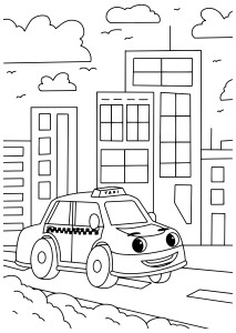Раскраска мультяшное такси с глазами едет по городу