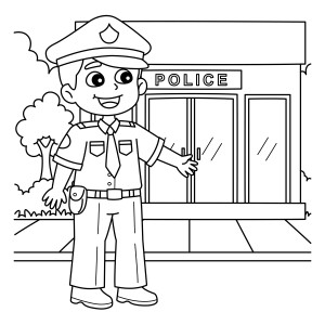 Раскраска полицейский у отделения полиции