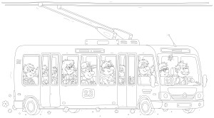 Раскраска троллейбус с пассажирами едет по маршруту