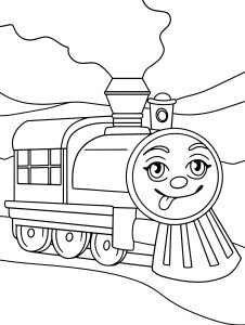 Раскраска мультяшный поезд с лицом и высунутым языком
