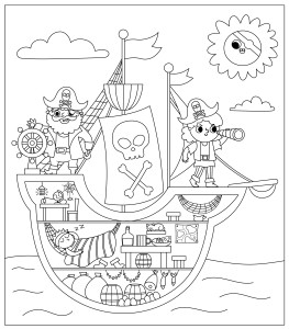 Раскраска пиратский корабль с грузовым трюмом и пиратами на борту