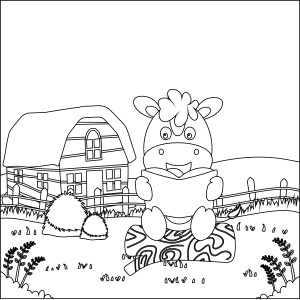 Раскраска корова читает книжку сидя на бревне на ферме