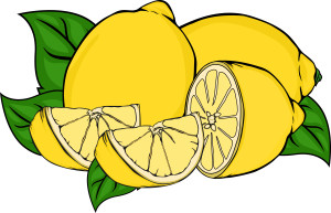 Раскрашенная картинка: лимоны с половинками дольками и листьями