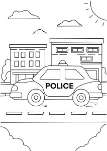 Раскраска полицейская машинка едет по городу