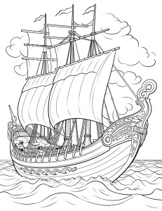 Раскраска исторический корабль с парусами в океане
