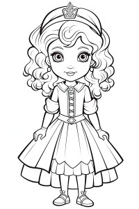 Раскраска кукла принцессы с выразительными глазами и шикарном платье