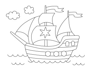 Раскраска корабль со звездой на парусе плывет по морю