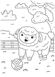 Раскраска овца играет с мячиком в огороде