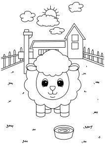 Раскраска овца на ферме стоит у дома