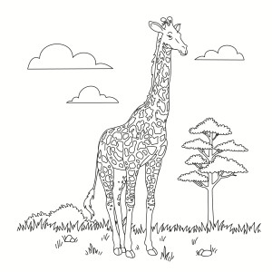 Раскраска жираф с длинной шеей и ногами в саванне