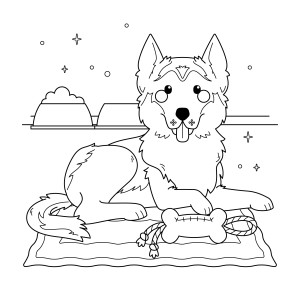 Раскраска собака лежит на коврике с игрушкой костью