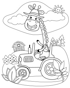 Раскраска веселый жираф едет на тракторе по ферме