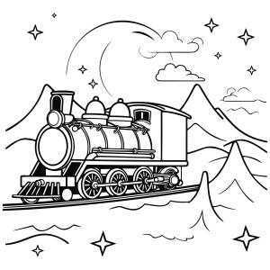 Раскраска поезд паровоз в горах