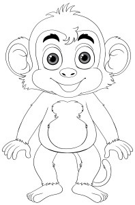 Раскраска обезьяна стоит на задних лапках и улыбается