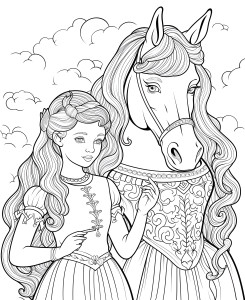 Раскраска волшебная принцесса с конем