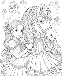 Раскраска цветочная принцесса с лошадью