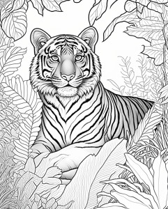 Раскраска тигр в джунглях