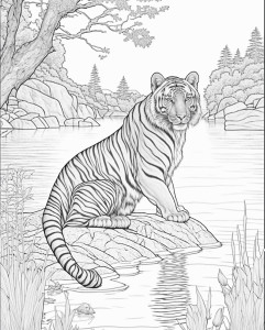 Раскраска белый тигр в лесу сидит на камне у горной реки