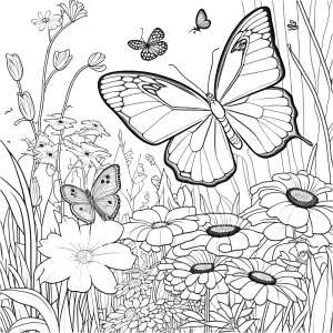 Раскраска реалистичные бабочки летают над полем с летними цветами