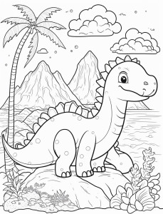 Раскраска динозавр на острове на фоне гор и пальмы