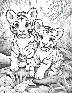 Раскраска тигрята в джунглях