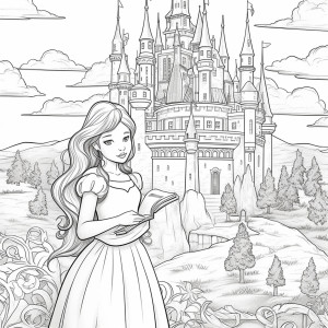 Раскраска принцесса и таинственный замок в горах